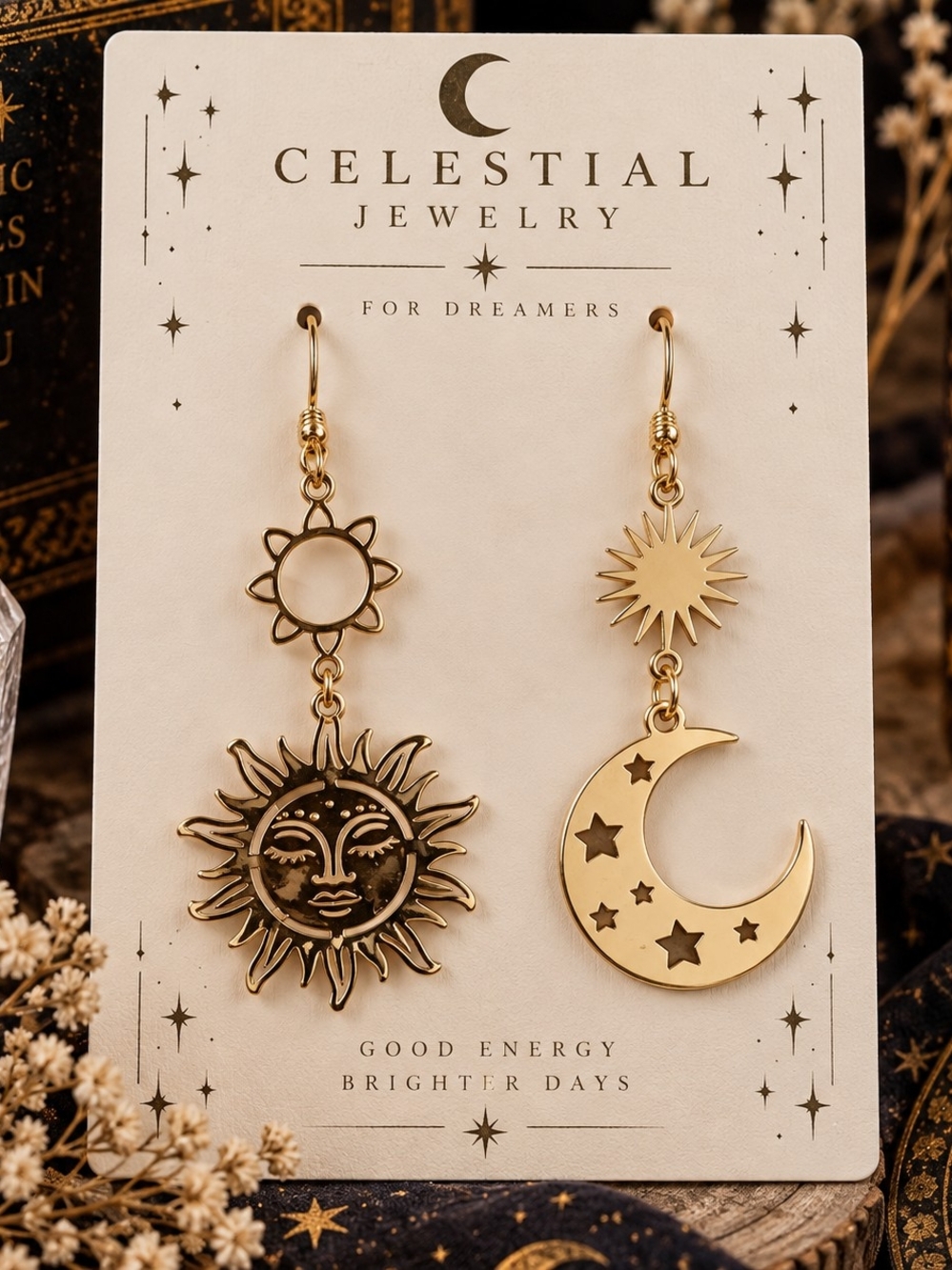 Gold Tone Metal Sun, Sunburst, and Moon Drop Dangle Earrings New